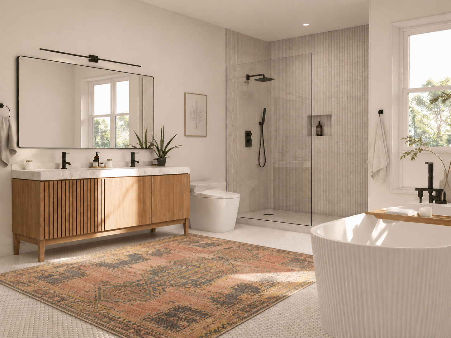 Serene primary bathroom with fluted walnut double vanity, matte black fixtures, walk-in shower, freestanding fluted soaking tub and vintage Persian rug by H&L Interiors