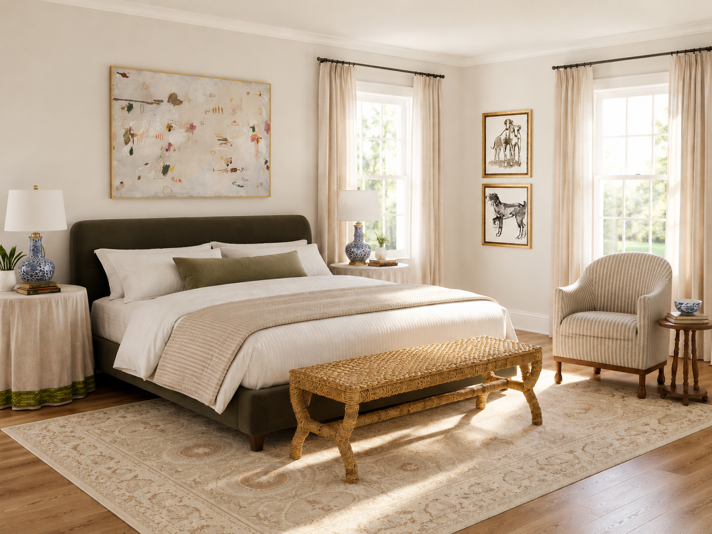 Serene primary bedroom with olive upholstered bed, woven seagrass bench, striped armchair and antique-style wool rug by H&L Interiors